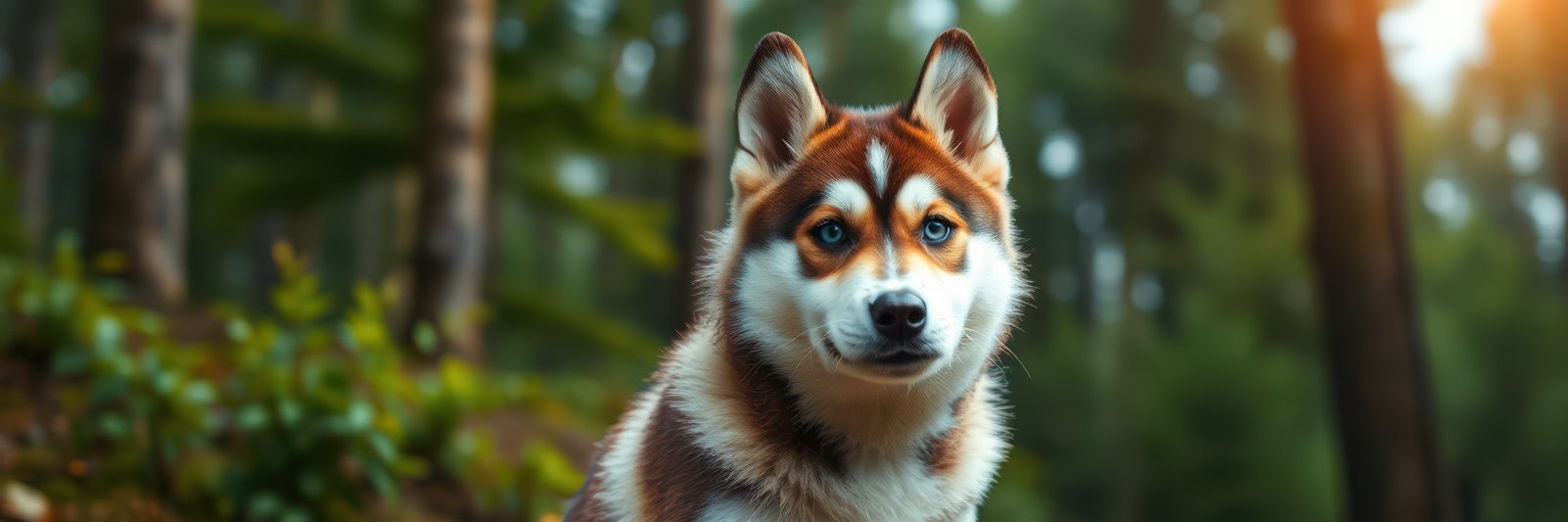 Siberian husky with striking eyes stands in a serene forest during golden hour light